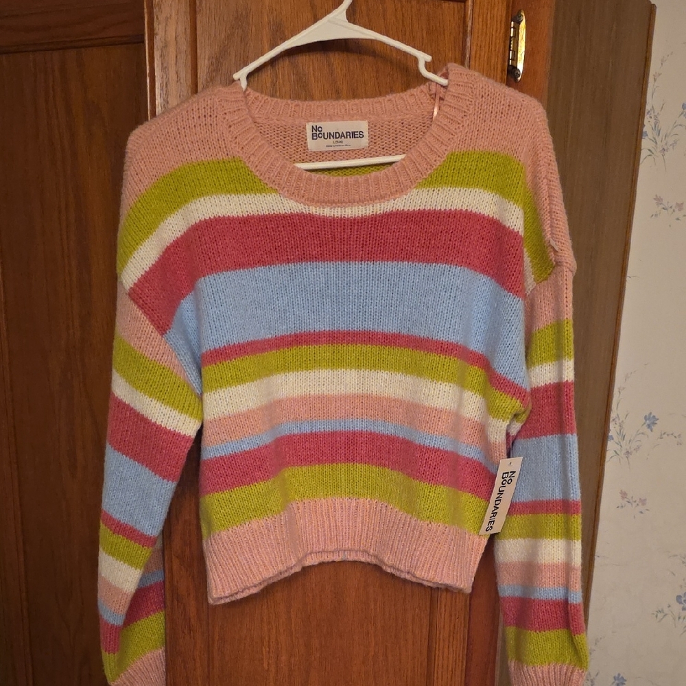 No Boundaries Women's Striped Sweater in Pink, Green, and Blue